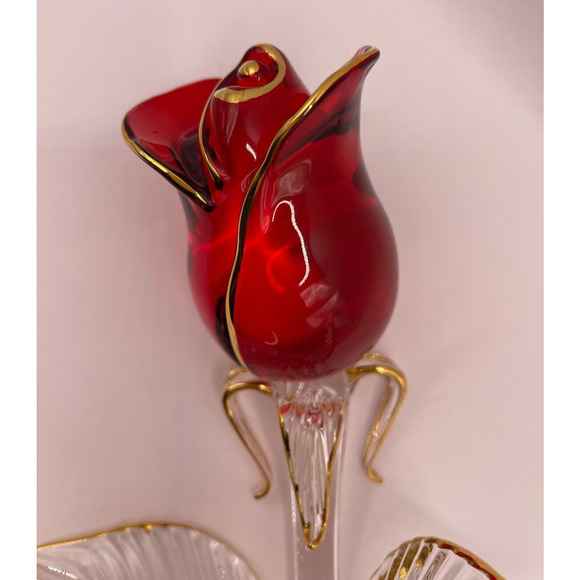 Handcrafted Crystal Red and Gold Rose With Single Thorn 12in - Picture 11 of 11